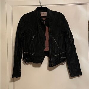 We The Free Black Leather Jacket with Zipper Details